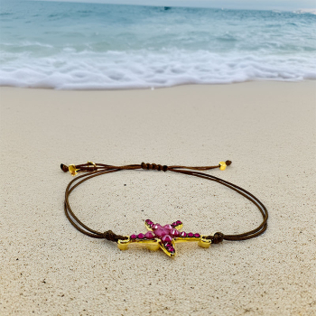 Ekaterini Freundschaftsarmband, Starfish, Seestern, pinke Swarovski Kristalle an brauner Kordel und goldenen Akzenten, style